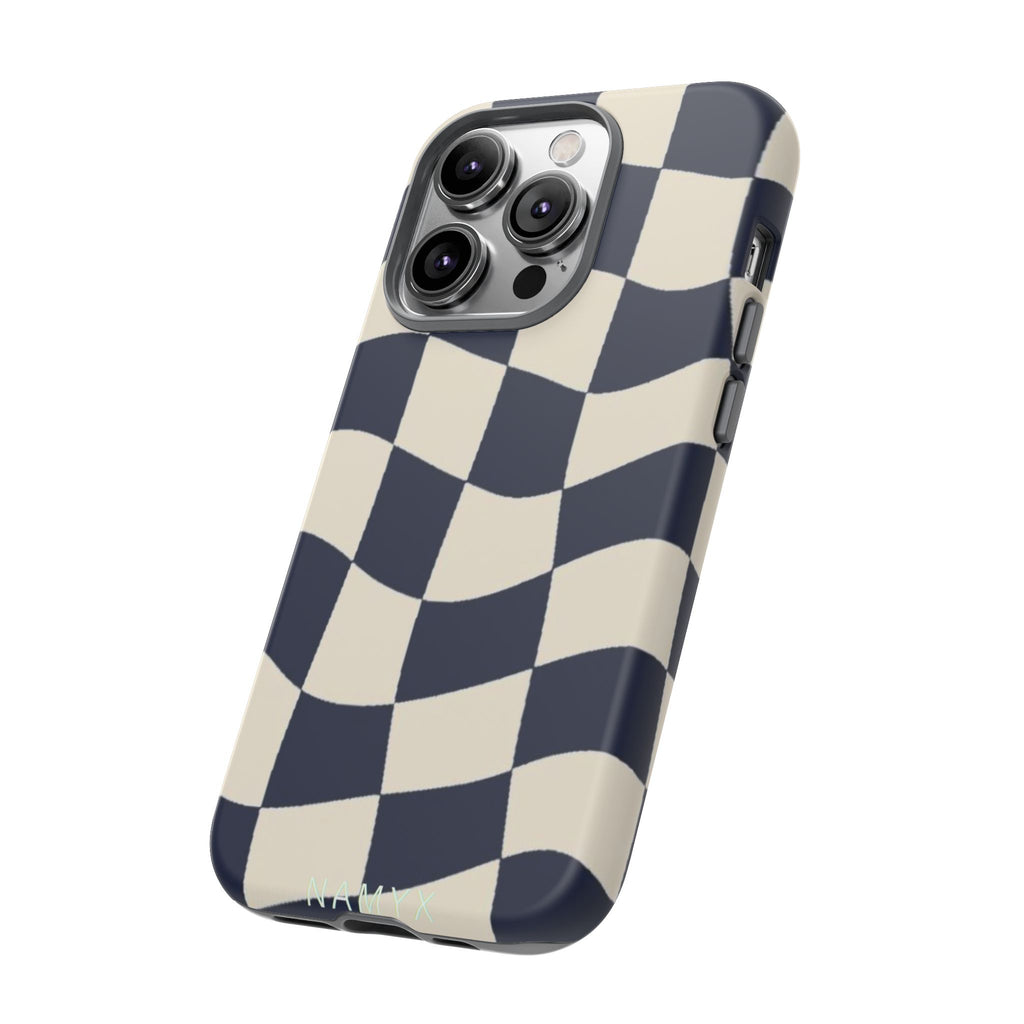Wavy Checkered Phone Case – Retro Navy Racing Pattern Tough Case