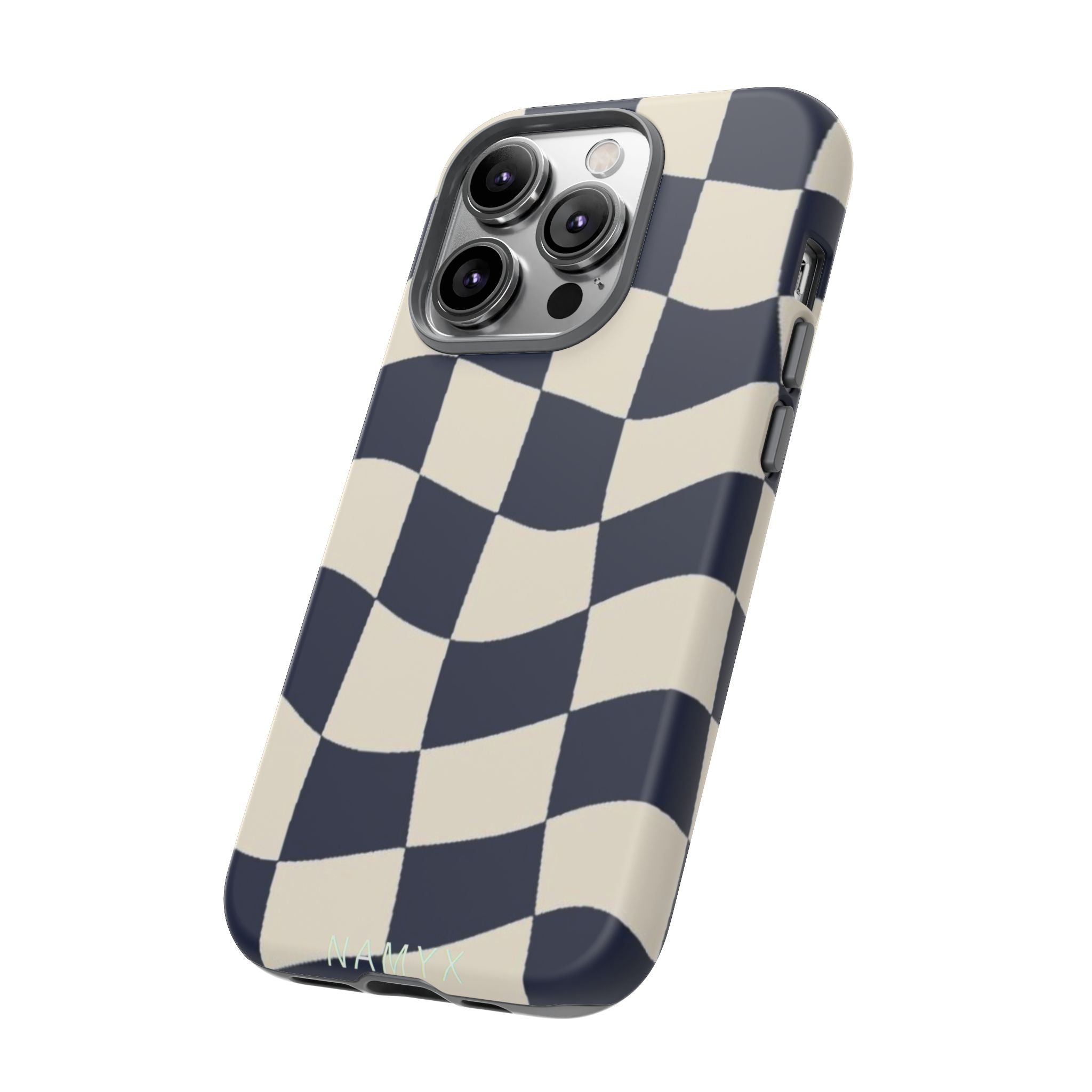 Wavy Checkered Phone Case – Retro Navy Racing Pattern Tough Case