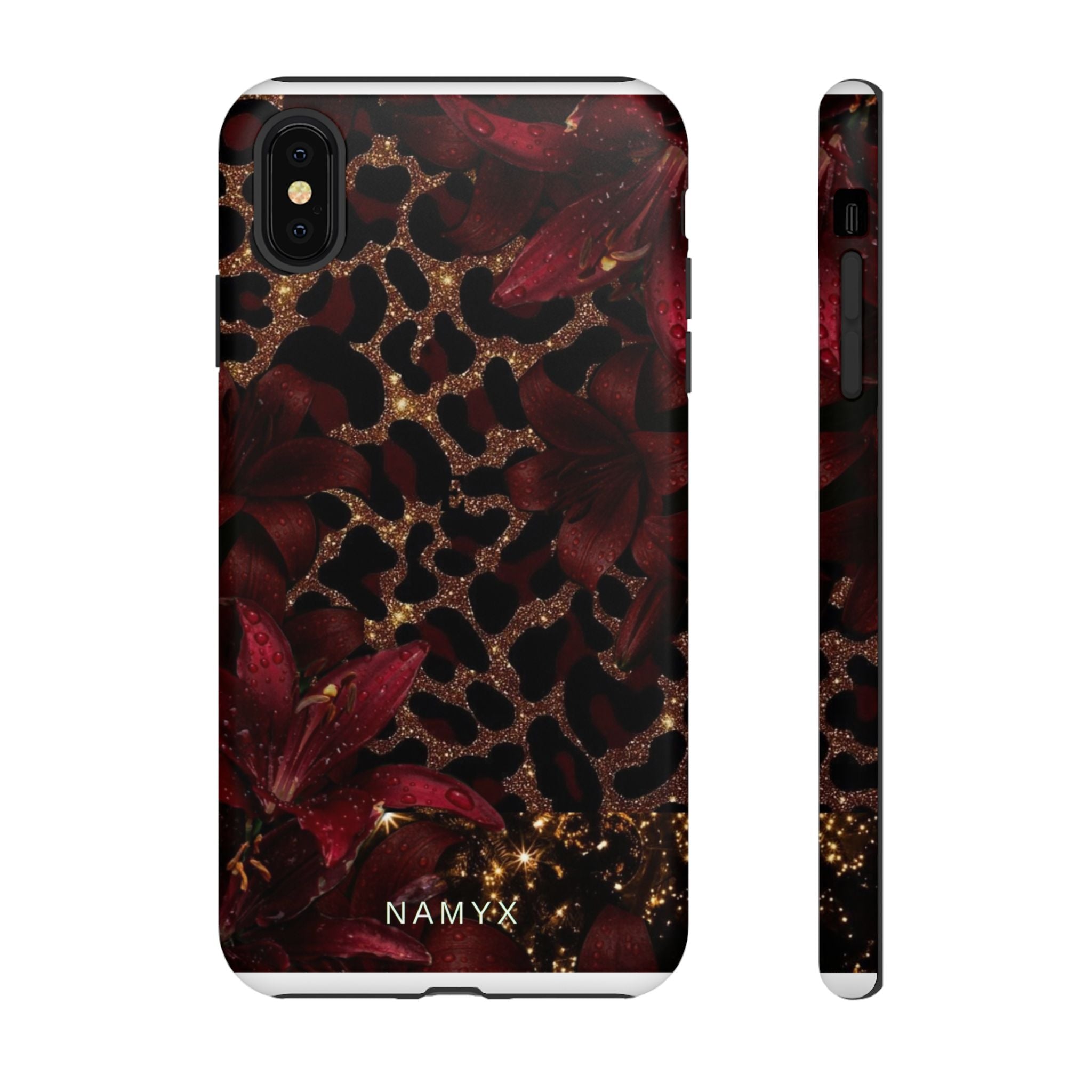 Protective Phone Case — Burgundy Floral & Gold Leopard Print Tough Case