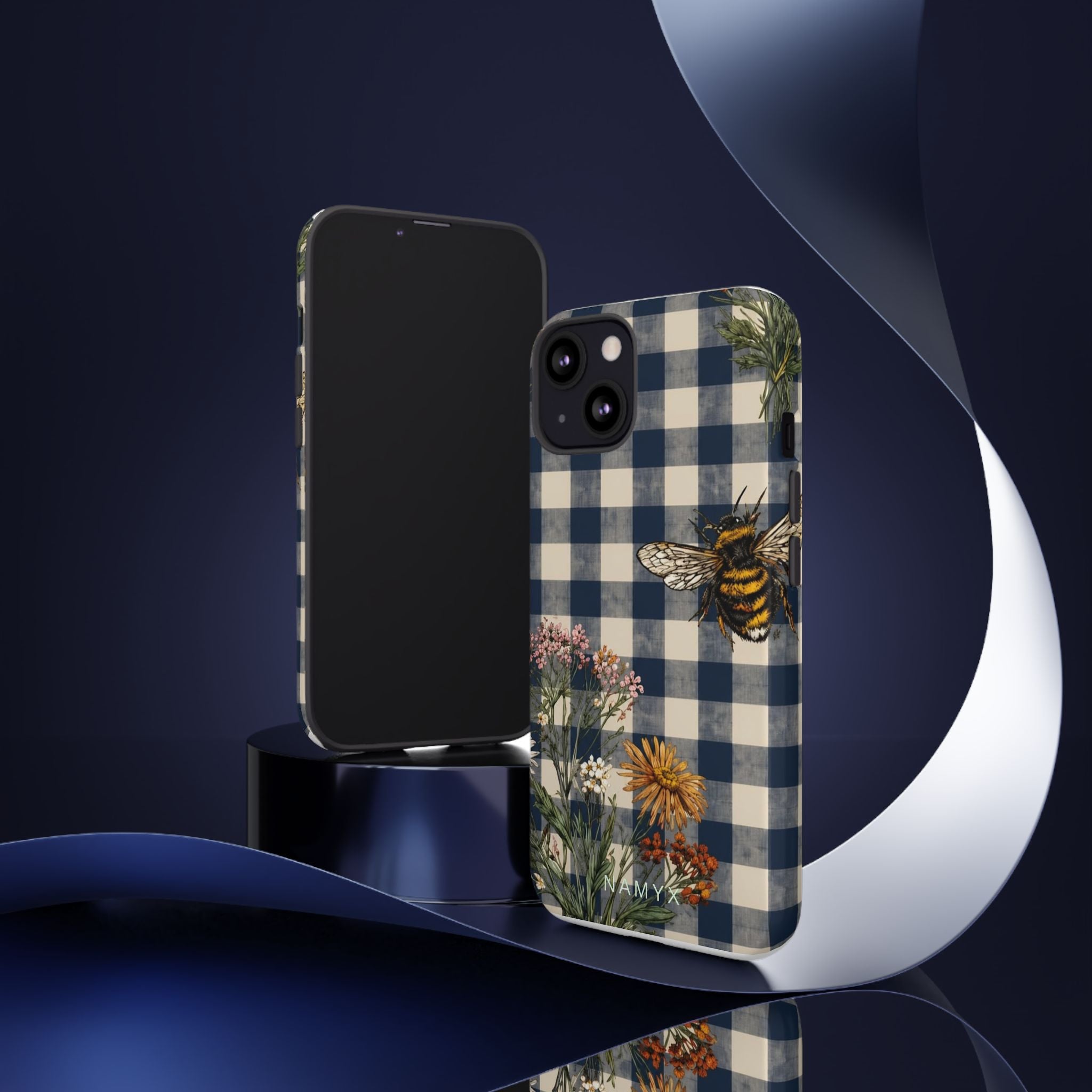 Bee & Wildflower Plaid Phone Case — Navy Buffalo Check Floral iPhone Cover