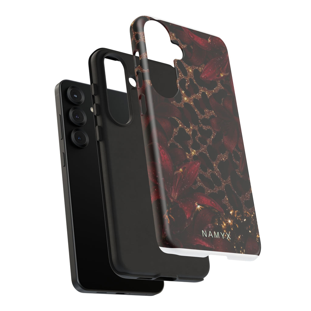 Protective Phone Case — Burgundy Floral & Gold Leopard Print Tough Case