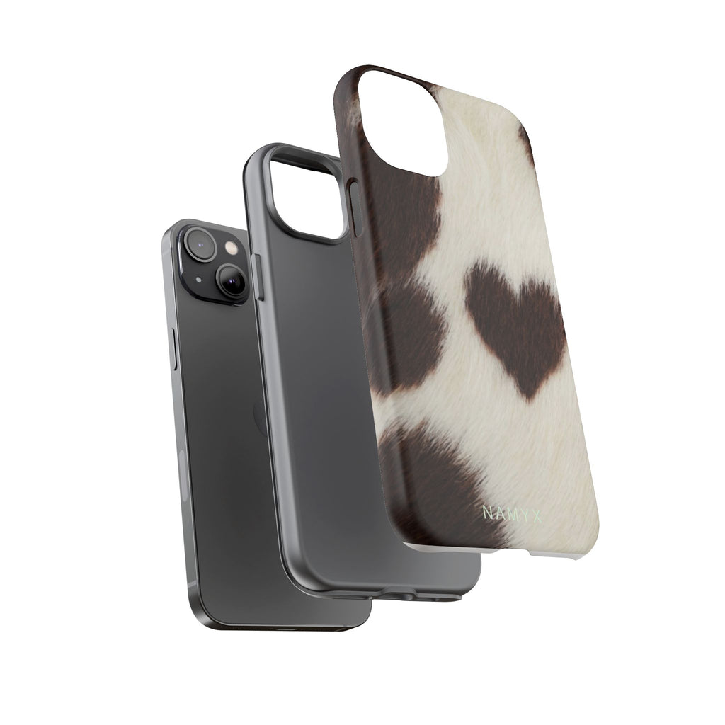 Cowhide Heart Phone Case — Cute Cow Print Protective iPhone Cover