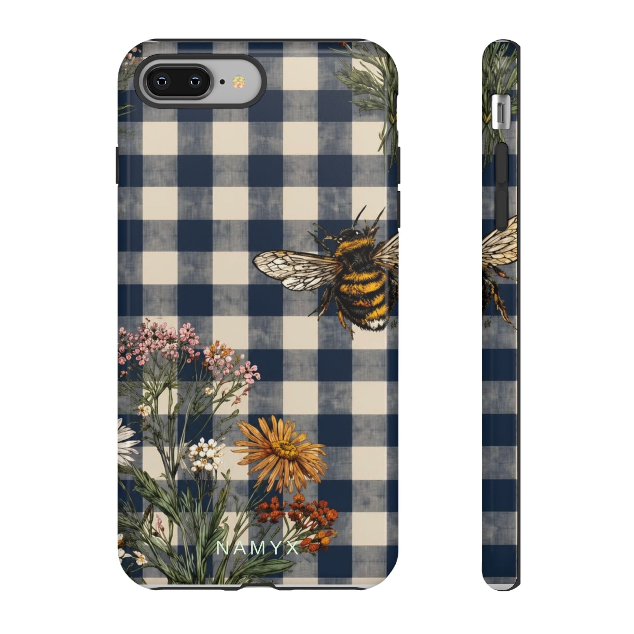 Bee & Wildflower Plaid Phone Case — Navy Buffalo Check Floral iPhone Cover