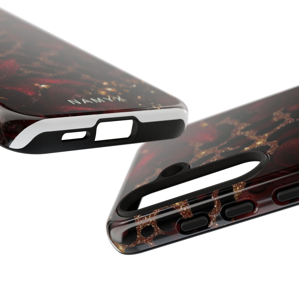 Protective Phone Case — Burgundy Floral & Gold Leopard Print Tough Case