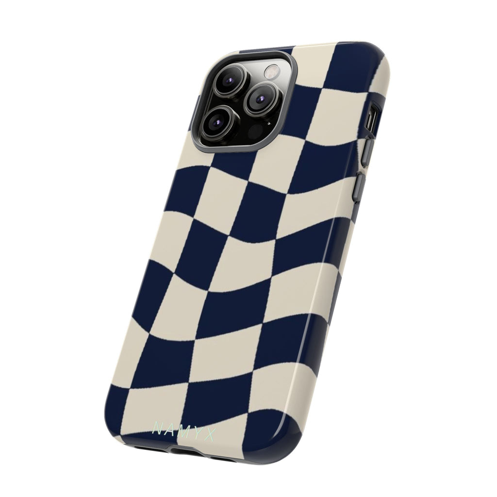 Wavy Checkered Phone Case – Retro Navy Racing Pattern Tough Case