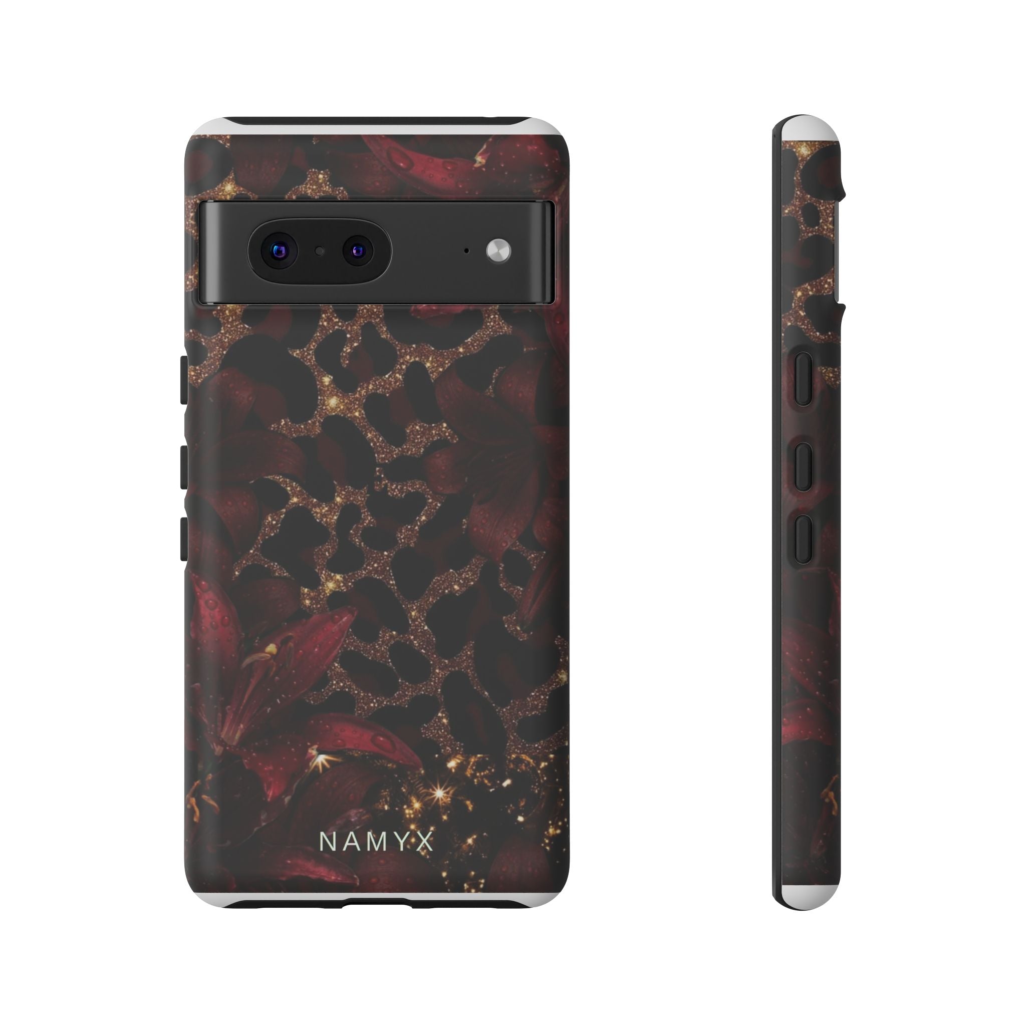 Protective Phone Case — Burgundy Floral & Gold Leopard Print Tough Case