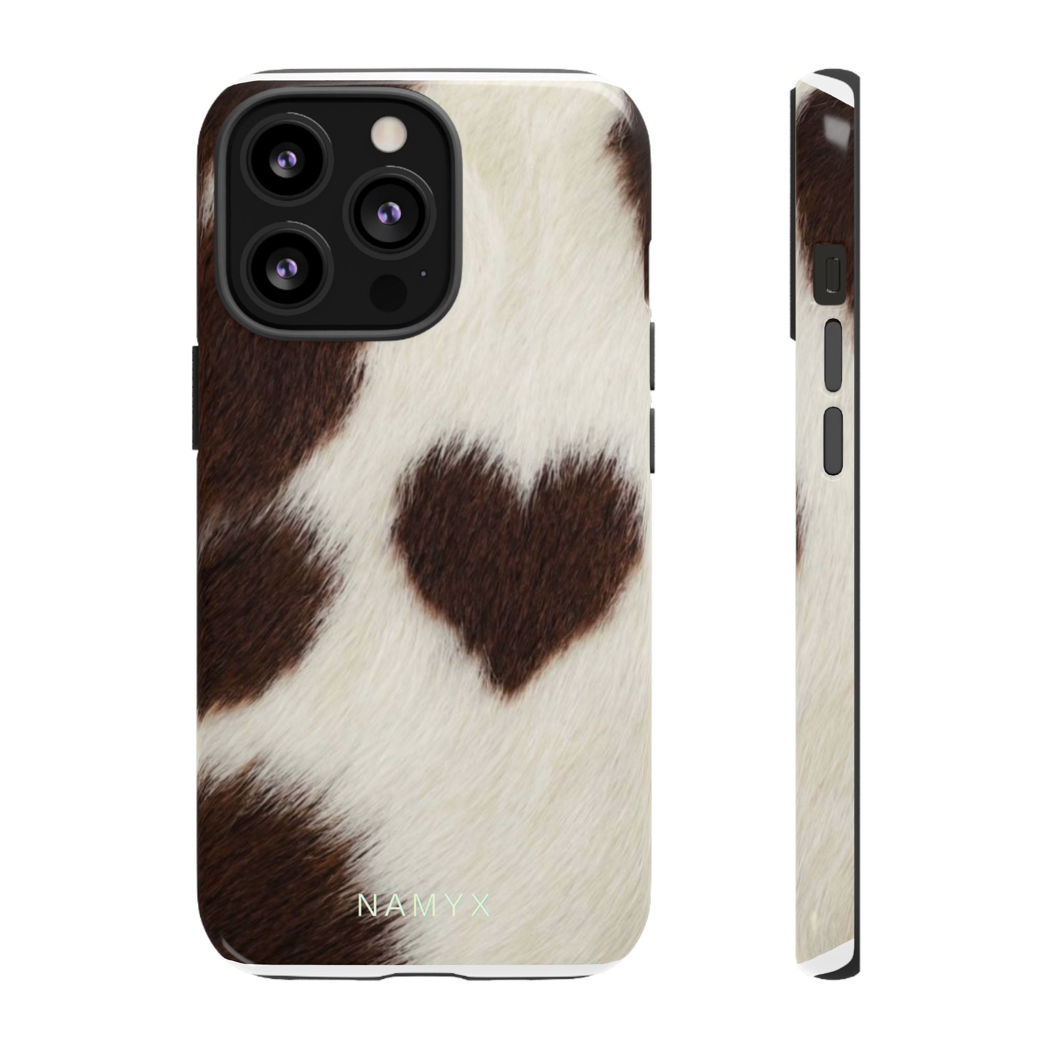 Cowhide Heart Phone Case — Cute Cow Print Protective iPhone Cover