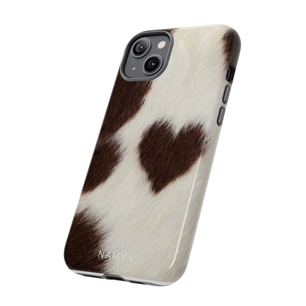 Cowhide Heart Phone Case — Cute Cow Print Protective iPhone Cover