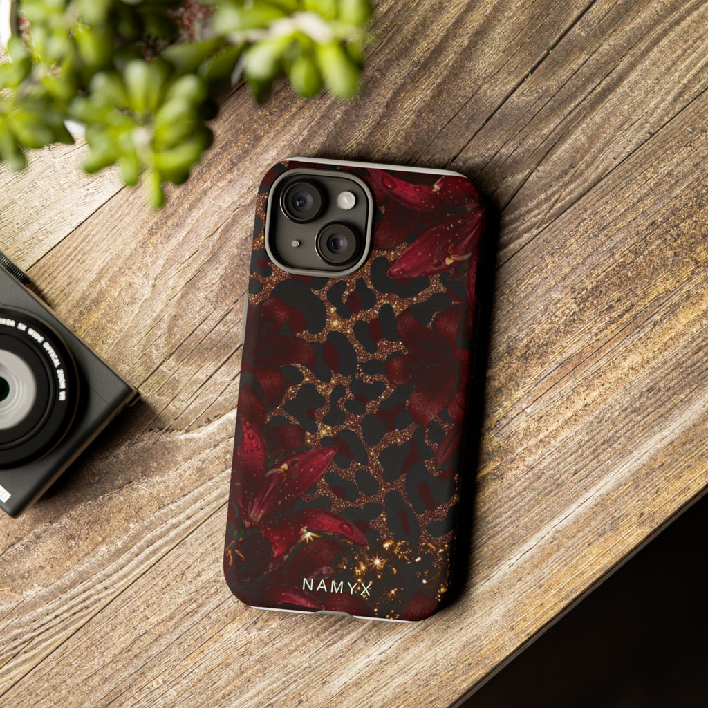 Protective Phone Case — Burgundy Floral & Gold Leopard Print Tough Case