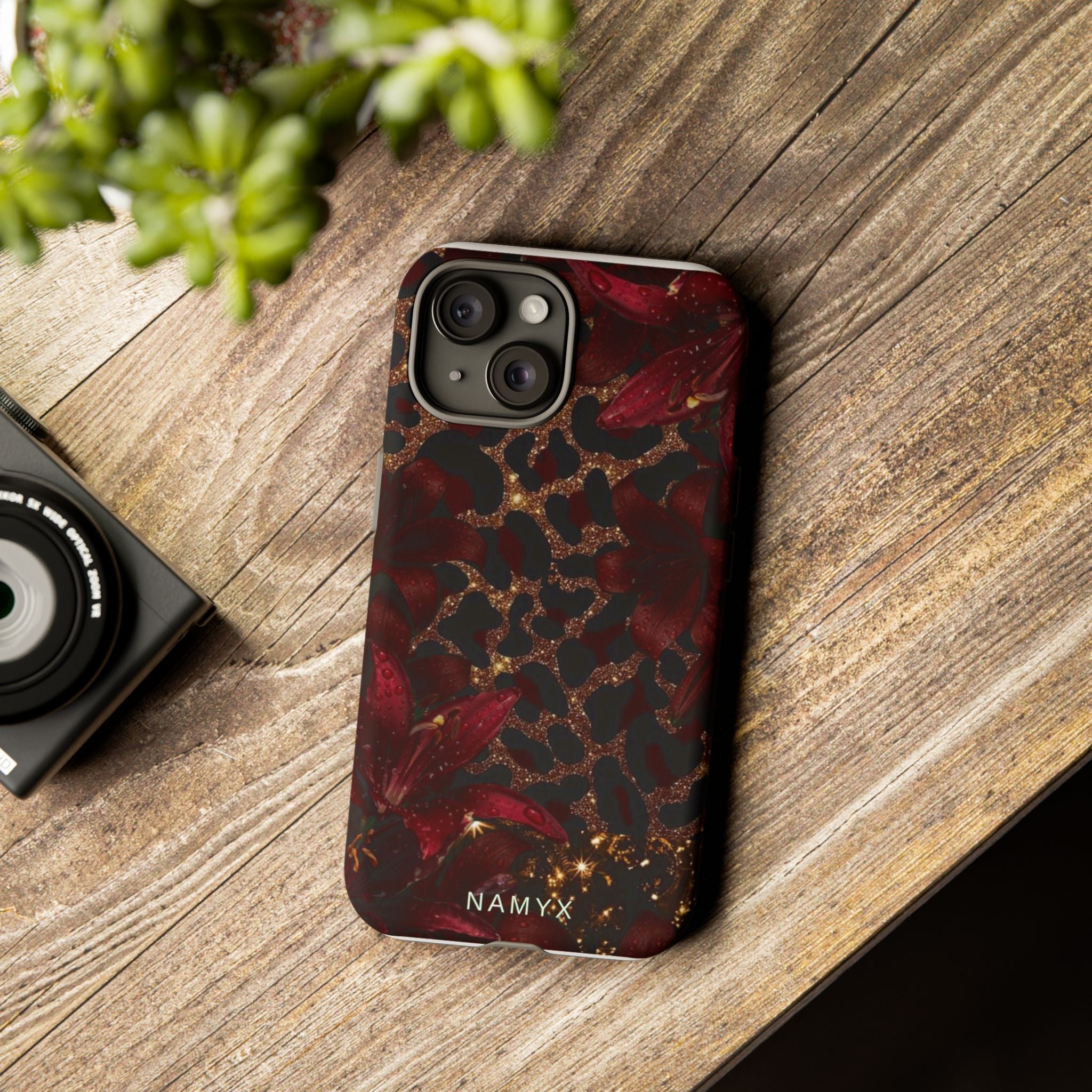 Protective Phone Case — Burgundy Floral & Gold Leopard Print Tough Case