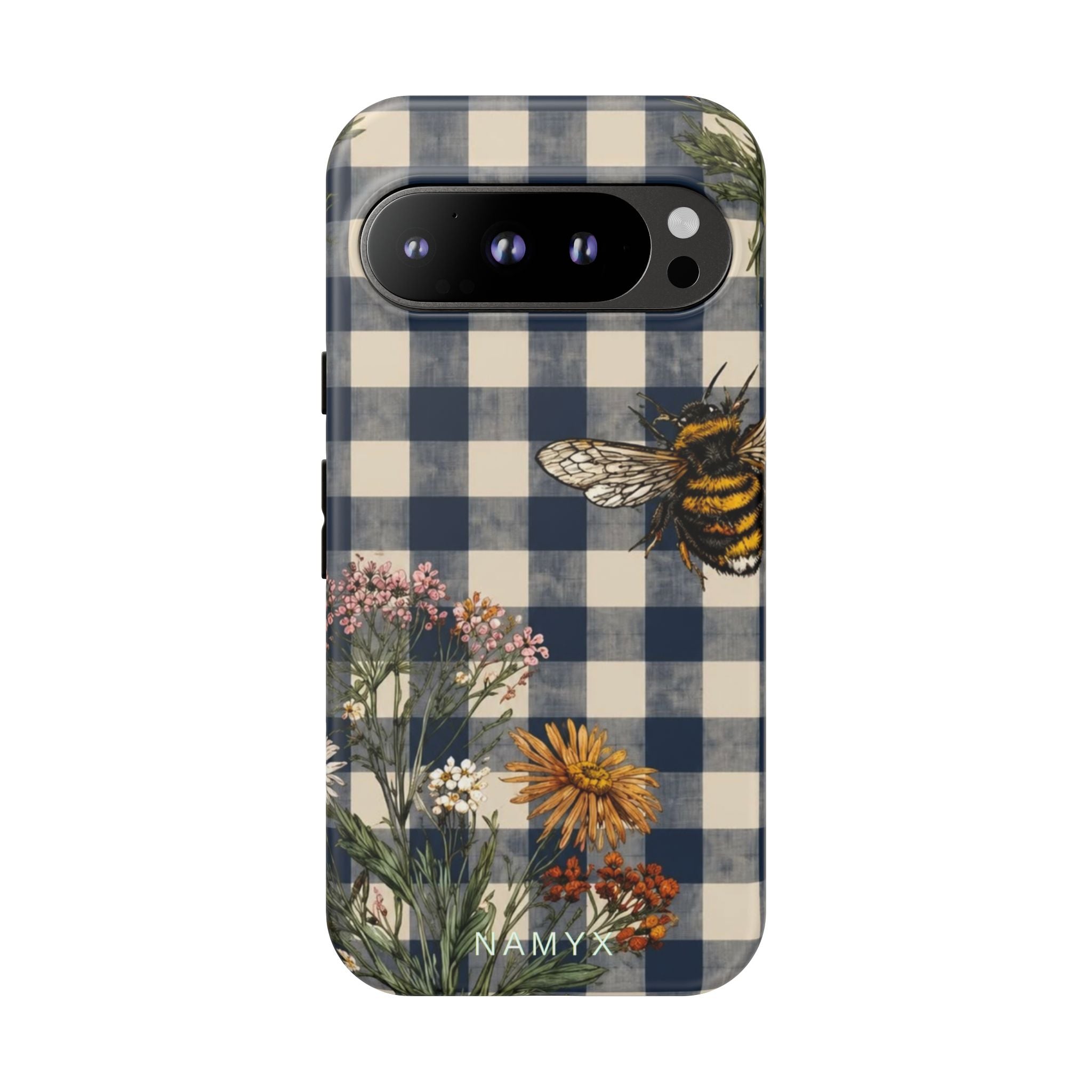 Bee & Wildflower Plaid Phone Case — Navy Buffalo Check Floral iPhone Cover