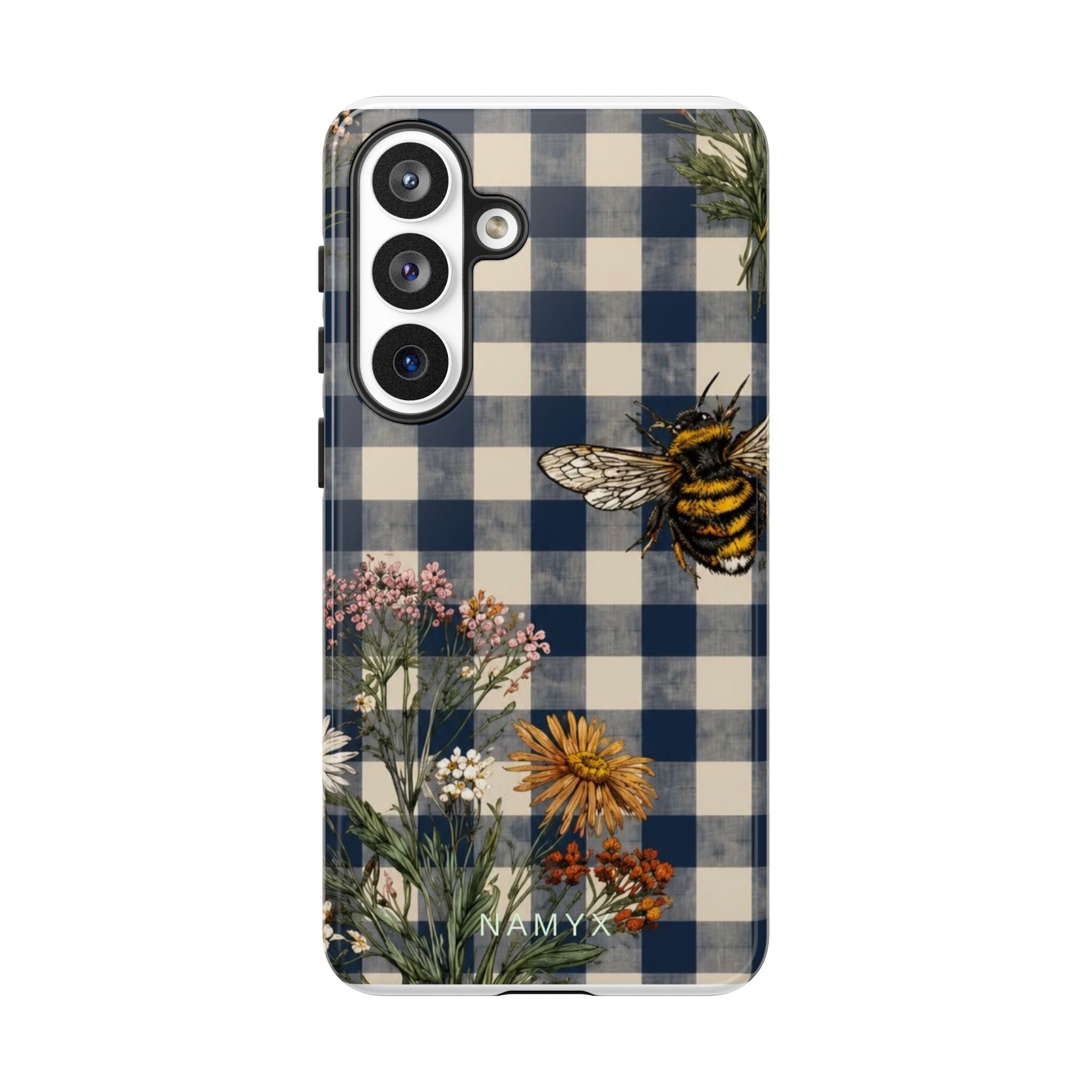 Bee & Wildflower Plaid Phone Case — Navy Buffalo Check Floral iPhone Cover