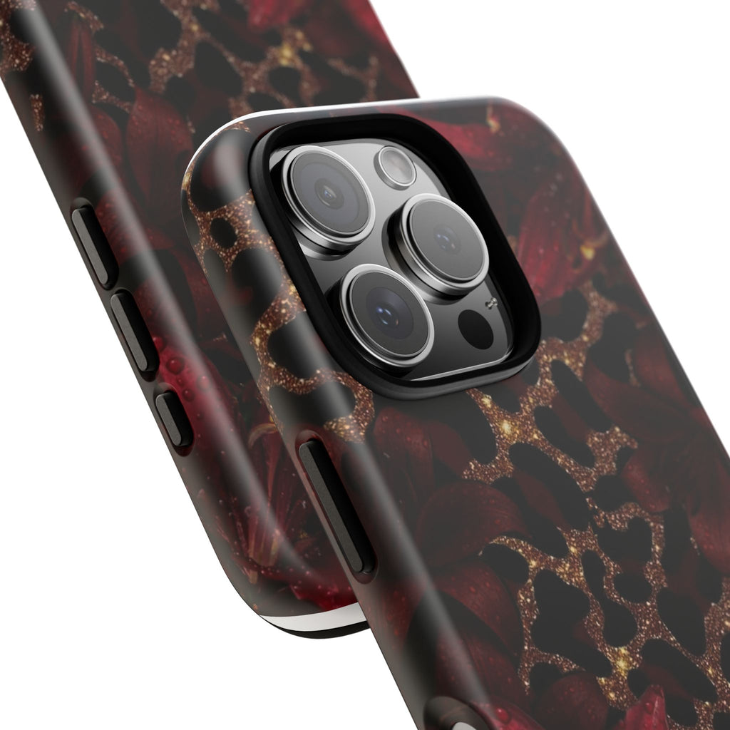 Protective Phone Case — Burgundy Floral & Gold Leopard Print Tough Case