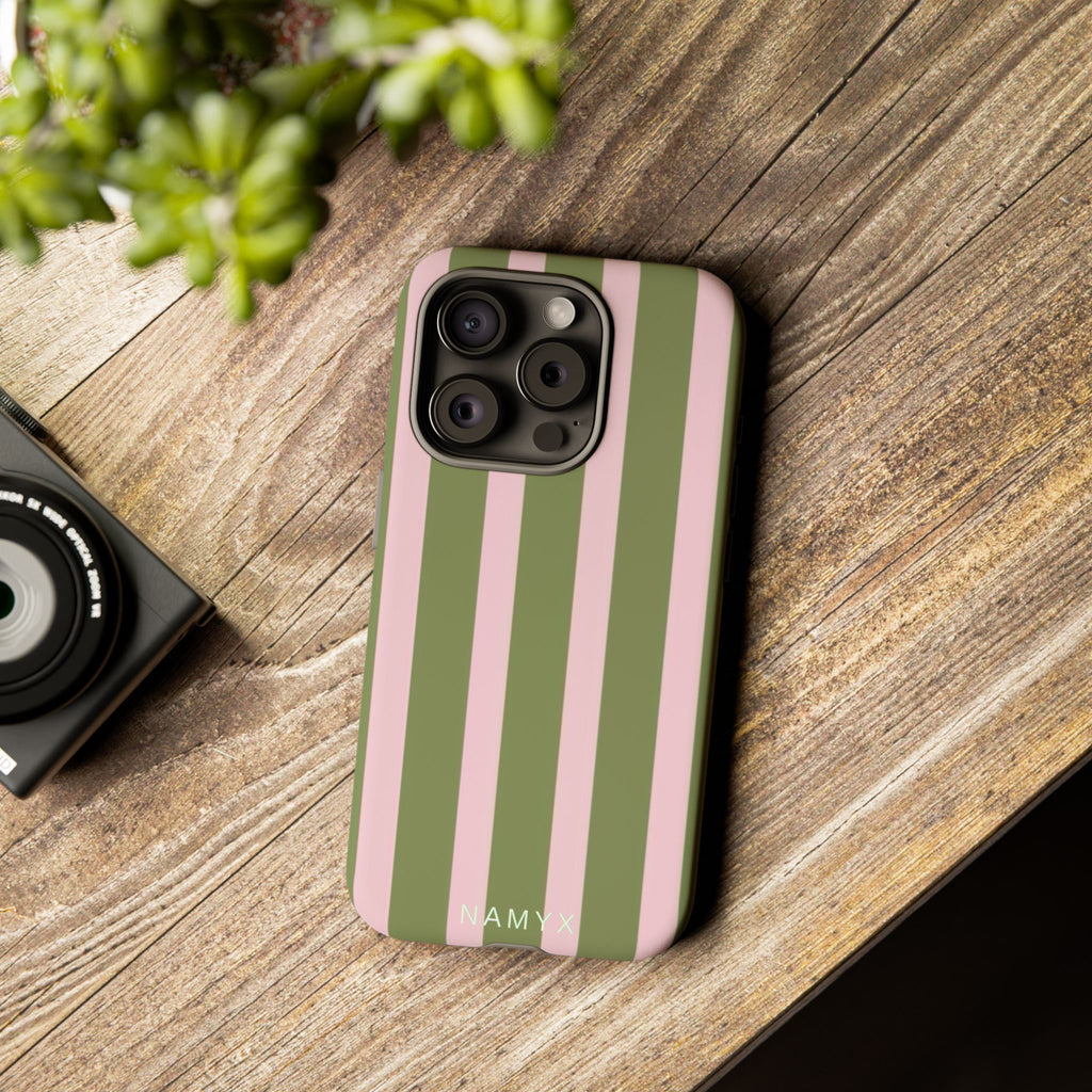 Striped Olive & Blush Tough Phone Case — Durable Protective Phone Cover