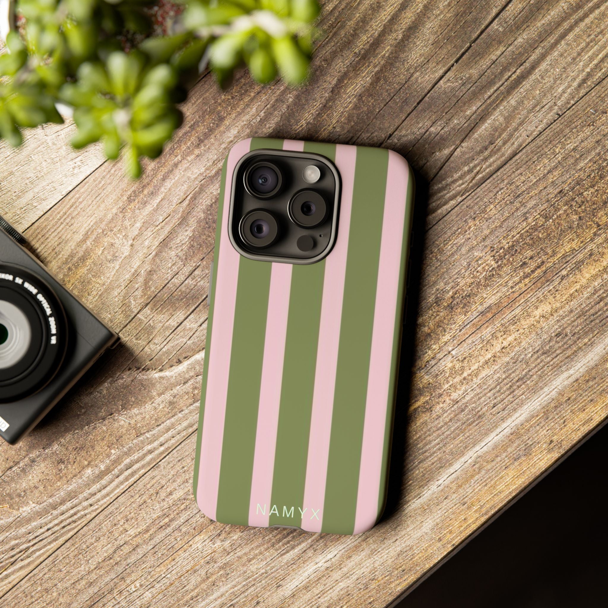 Striped Olive & Blush Tough Phone Case — Durable Protective Phone Cover