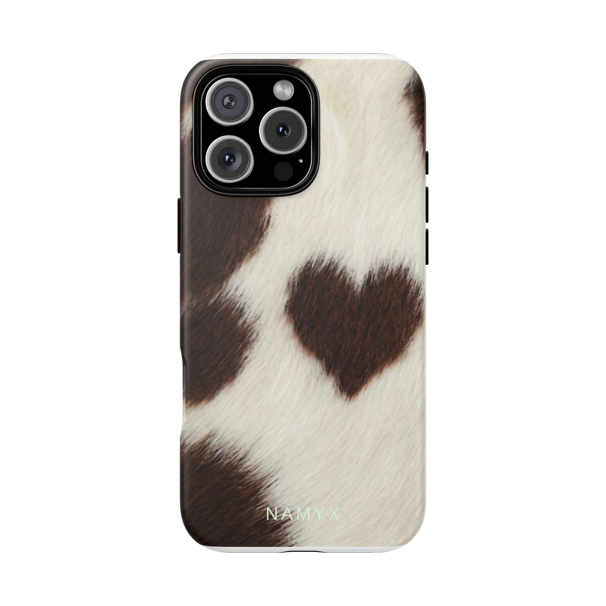 Cowhide Heart Phone Case — Cute Cow Print Protective iPhone Cover