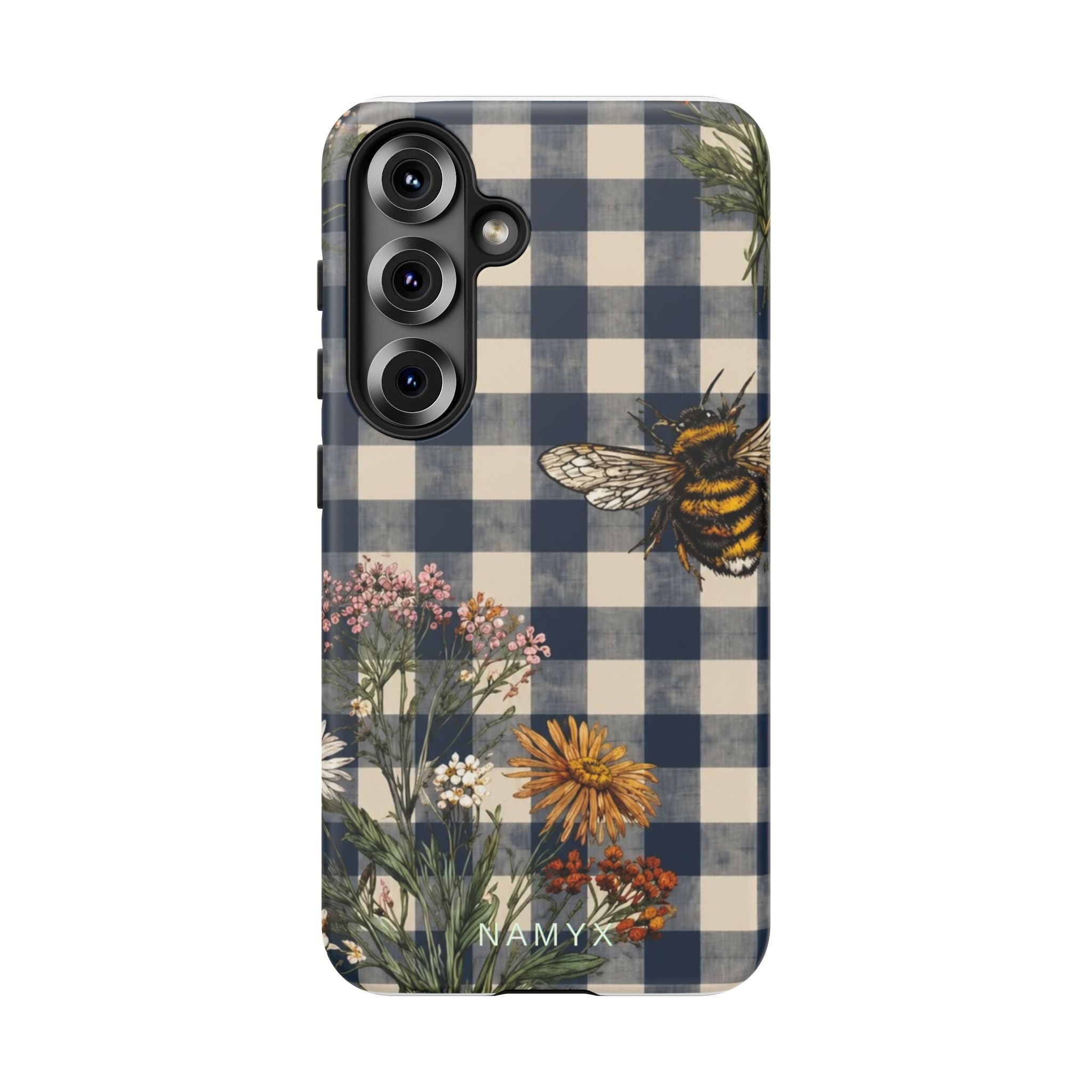 Bee & Wildflower Plaid Phone Case — Navy Buffalo Check Floral iPhone Cover