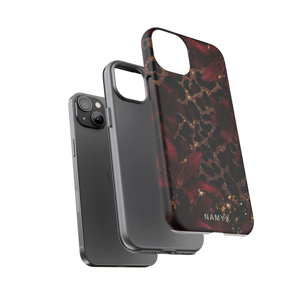 Protective Phone Case — Burgundy Floral & Gold Leopard Print Tough Case