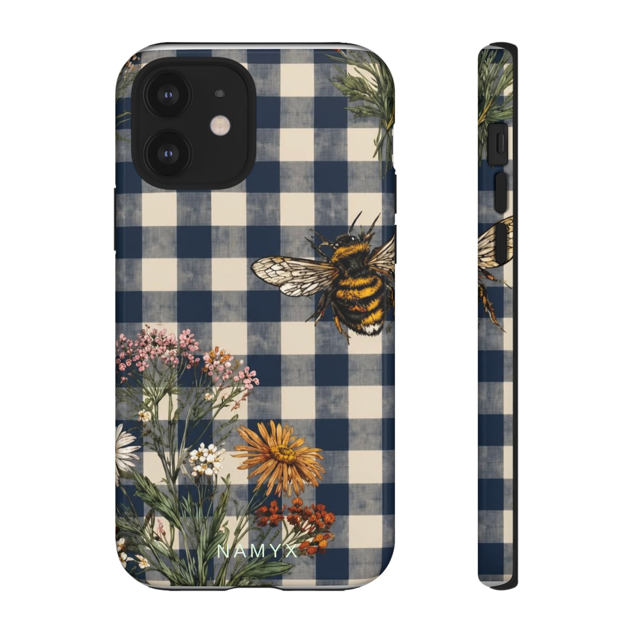 Bee & Wildflower Plaid Phone Case — Navy Buffalo Check Floral iPhone Cover