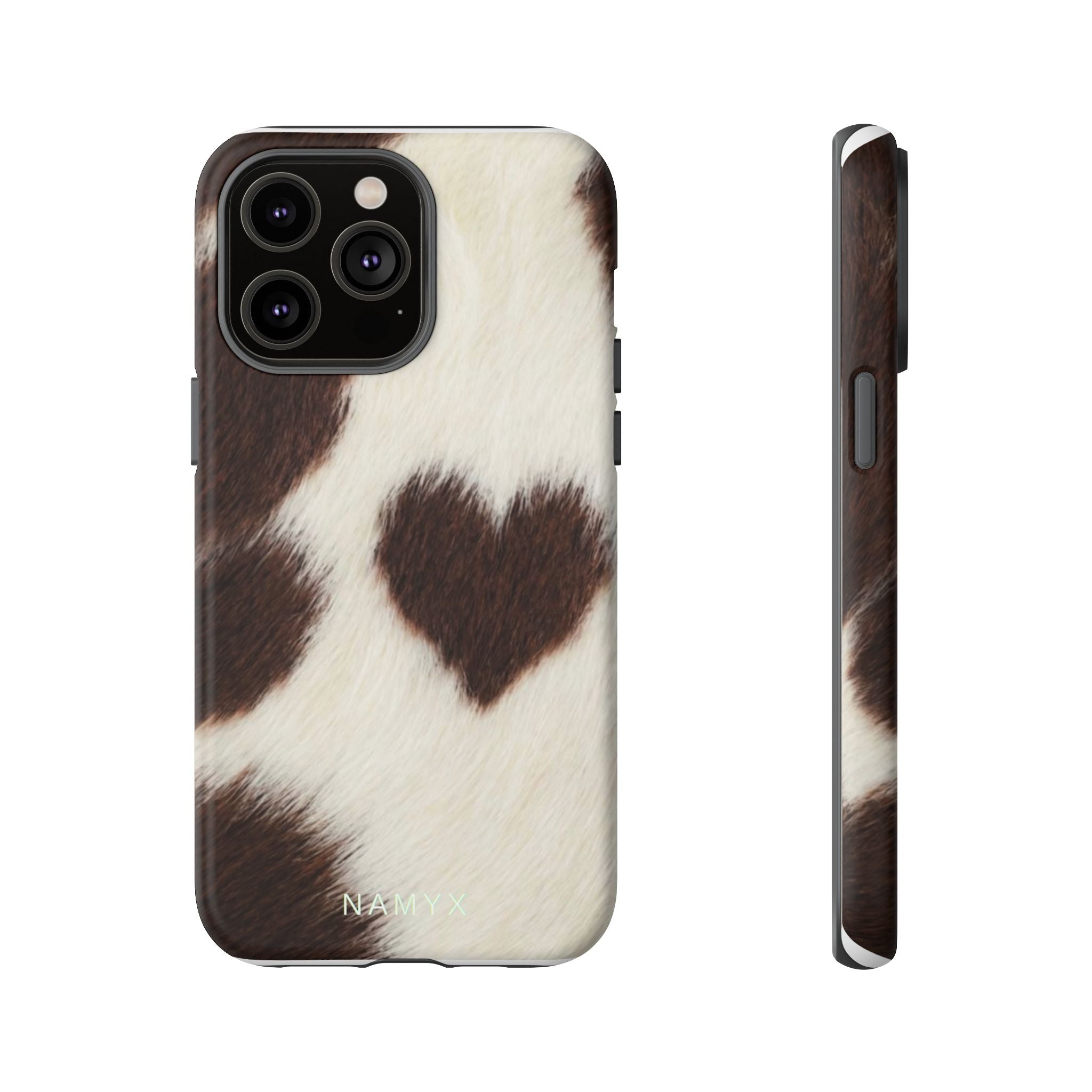 Cowhide Heart Phone Case — Cute Cow Print Protective iPhone Cover
