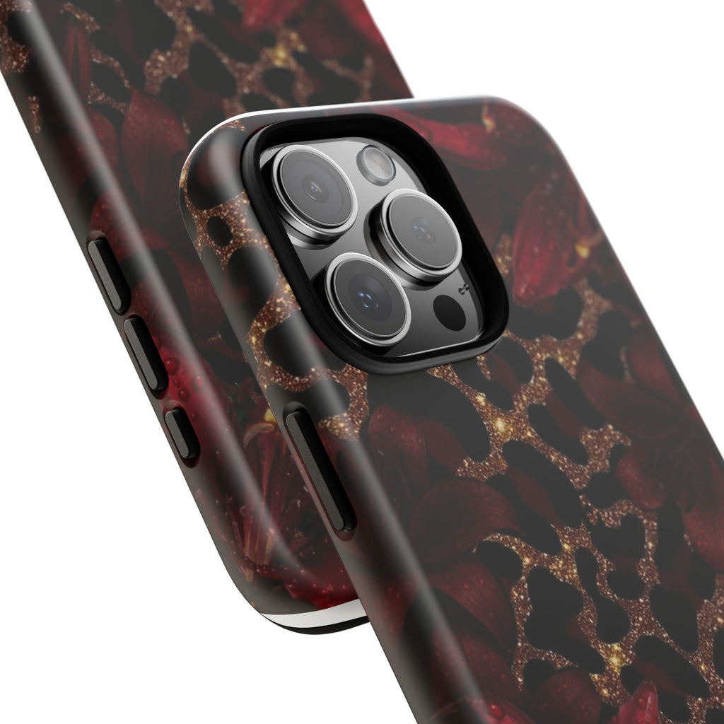 Protective Phone Case — Burgundy Floral & Gold Leopard Print Tough Case