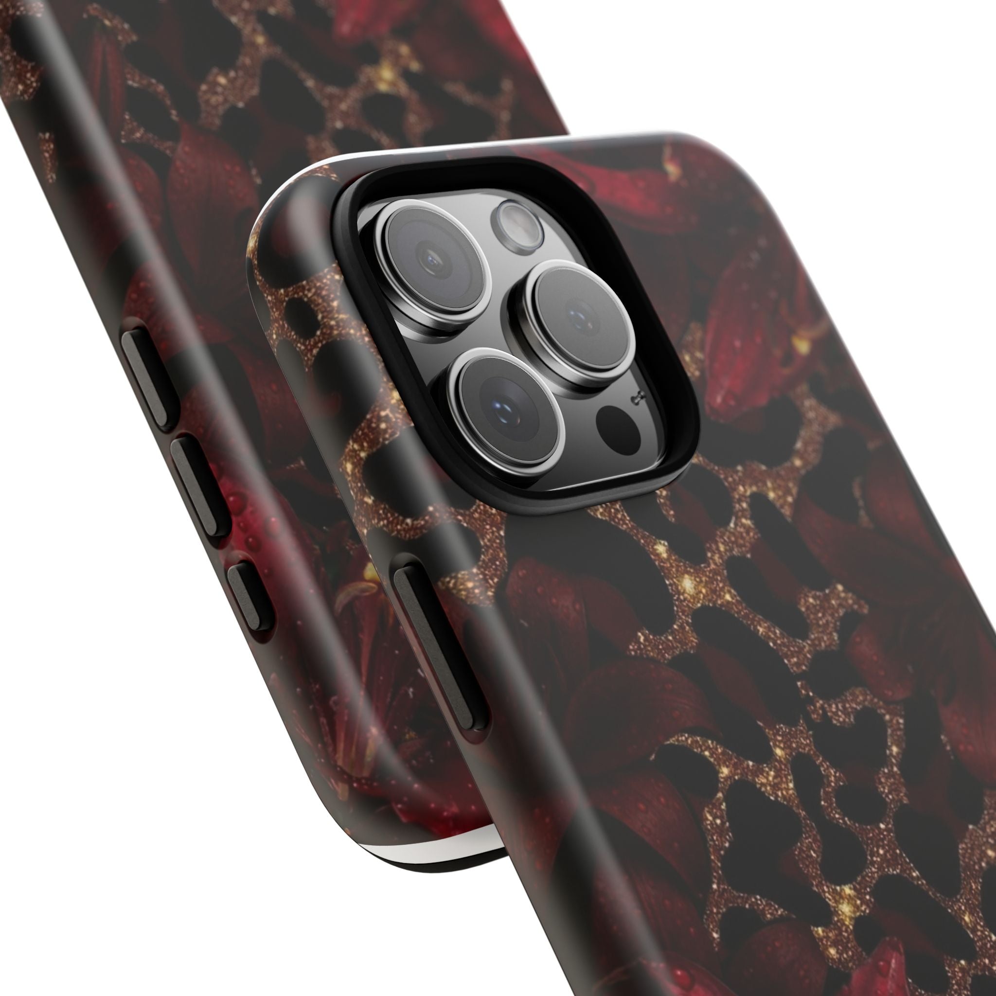 Protective Phone Case — Burgundy Floral & Gold Leopard Print Tough Case
