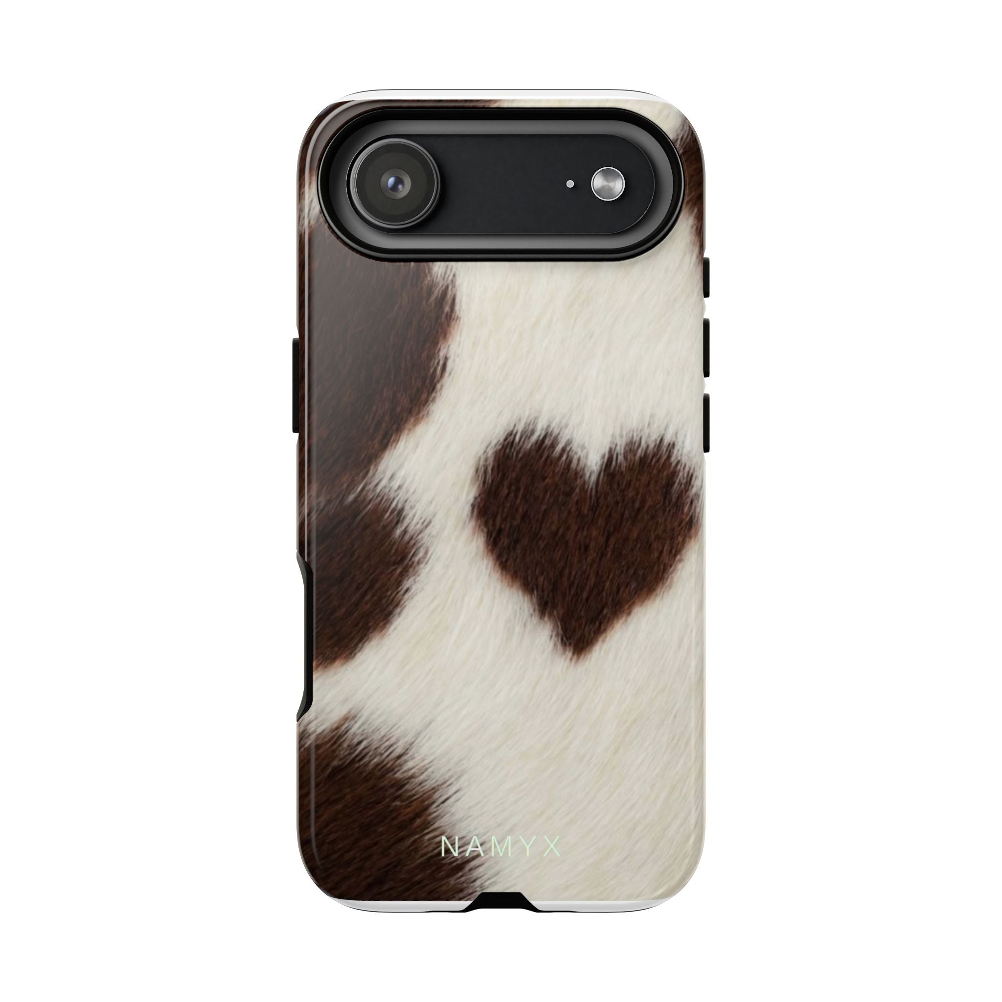 Cowhide Heart Phone Case — Cute Cow Print Protective iPhone Cover