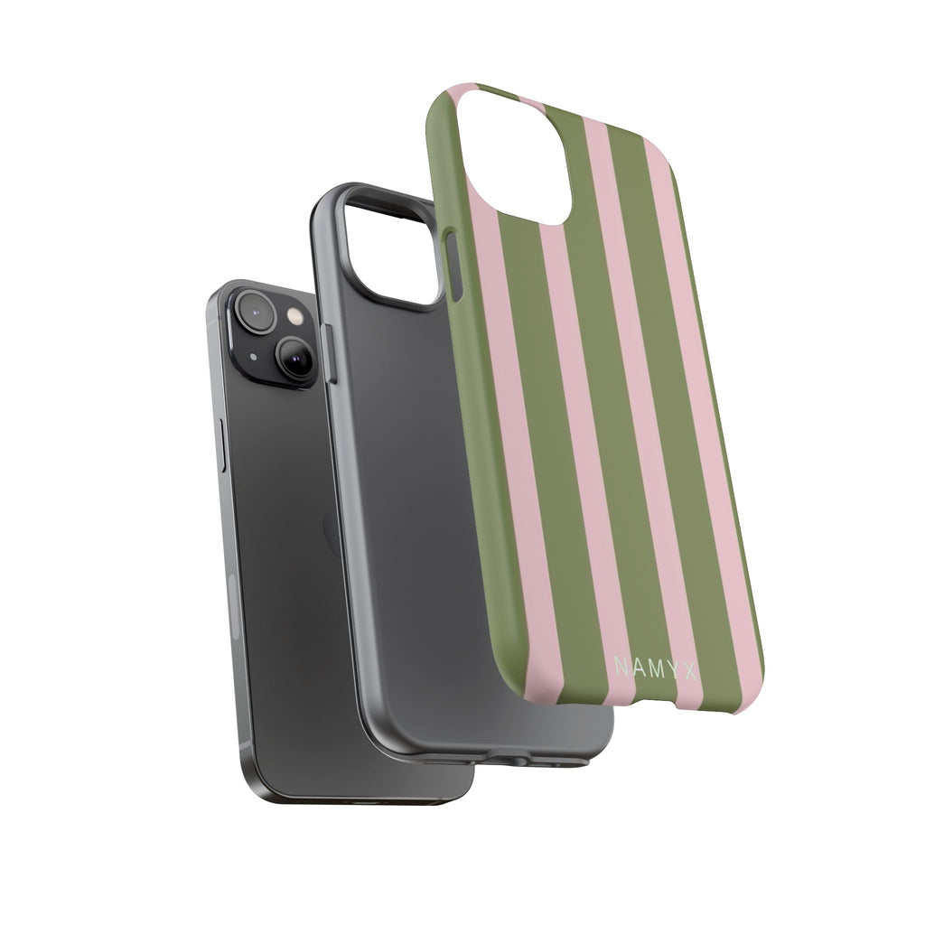 Striped Olive & Blush Tough Phone Case — Durable Protective Phone Cover