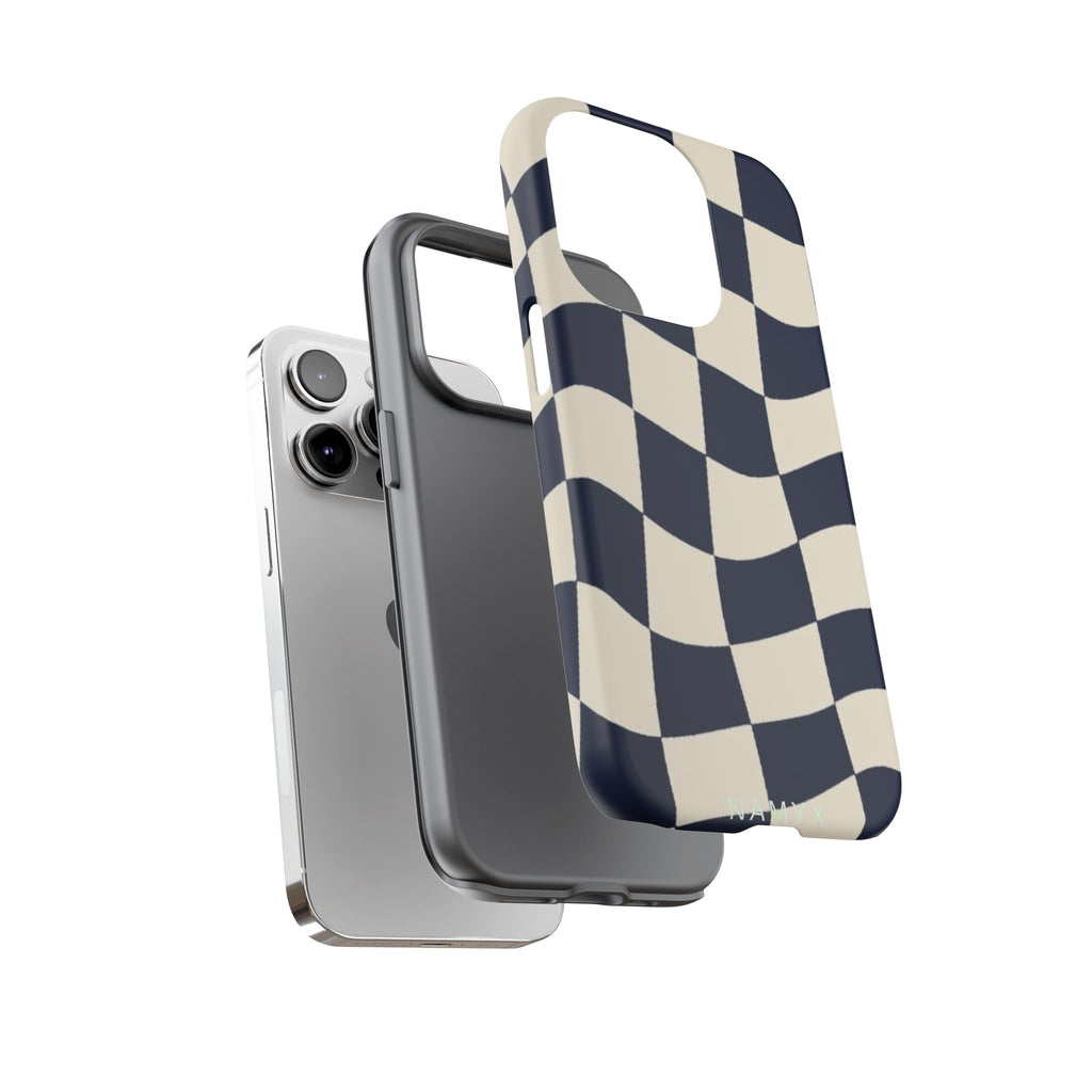 Wavy Checkered Phone Case – Retro Navy Racing Pattern Tough Case