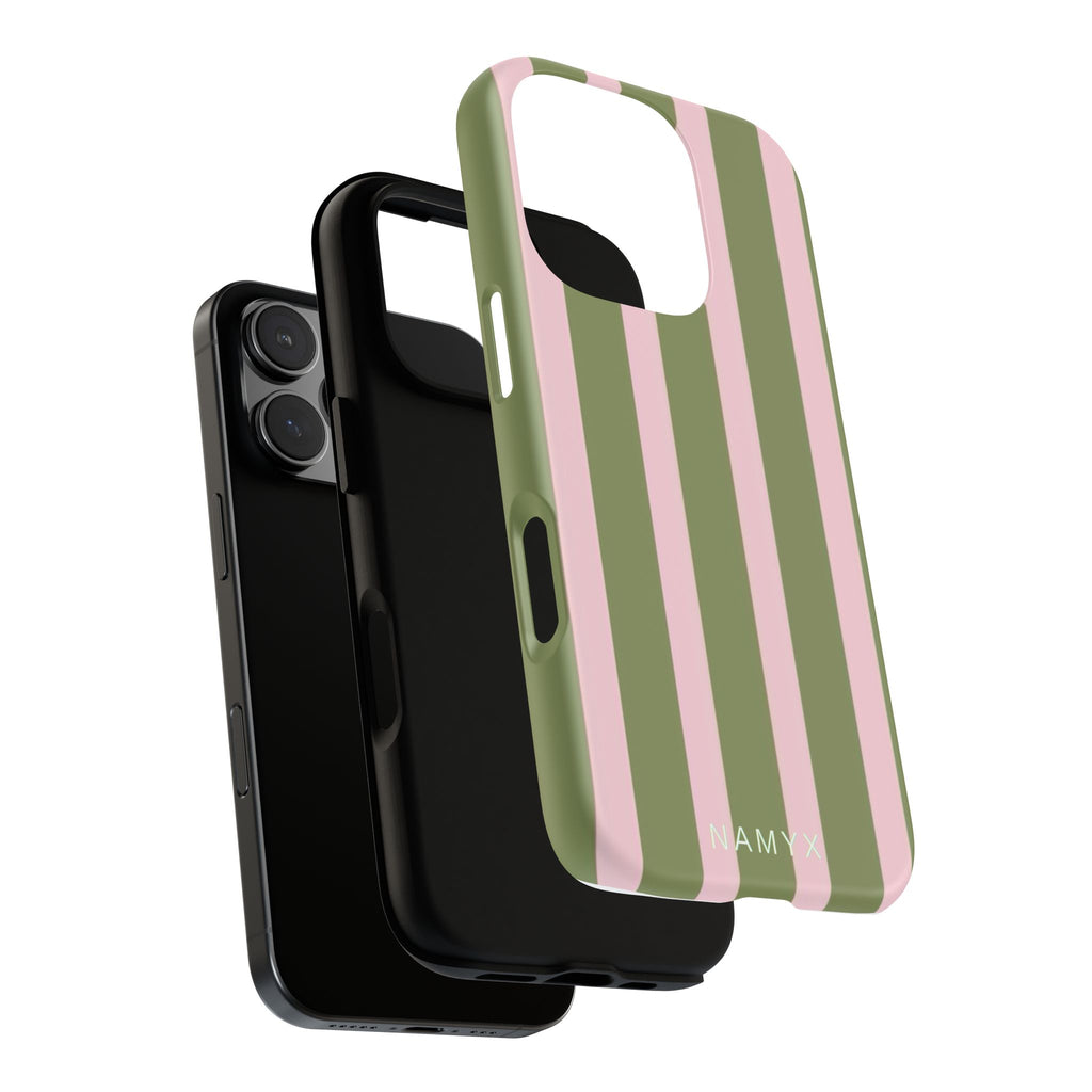 Striped Olive & Blush Tough Phone Case — Durable Protective Phone Cover