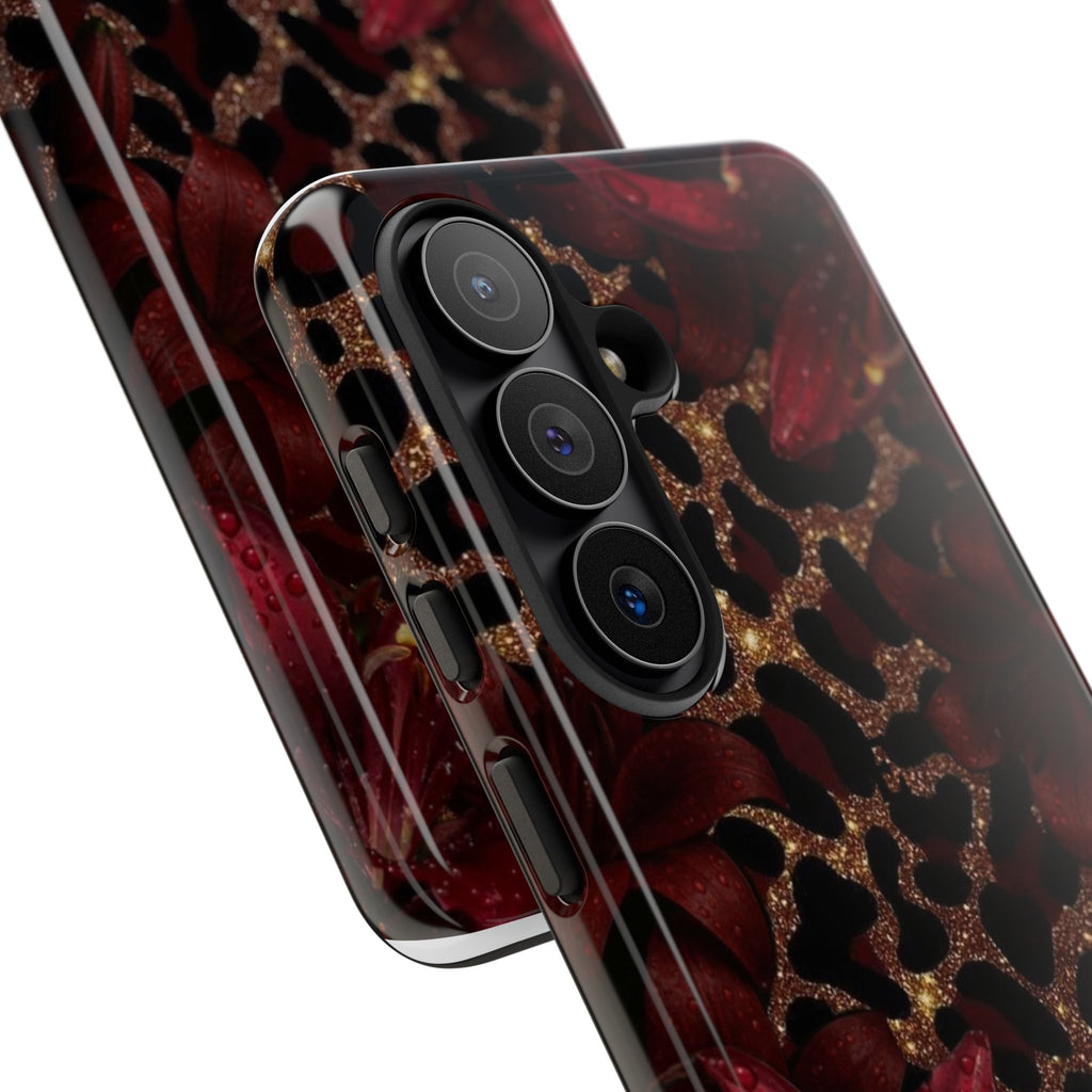 Protective Phone Case — Burgundy Floral & Gold Leopard Print Tough Case