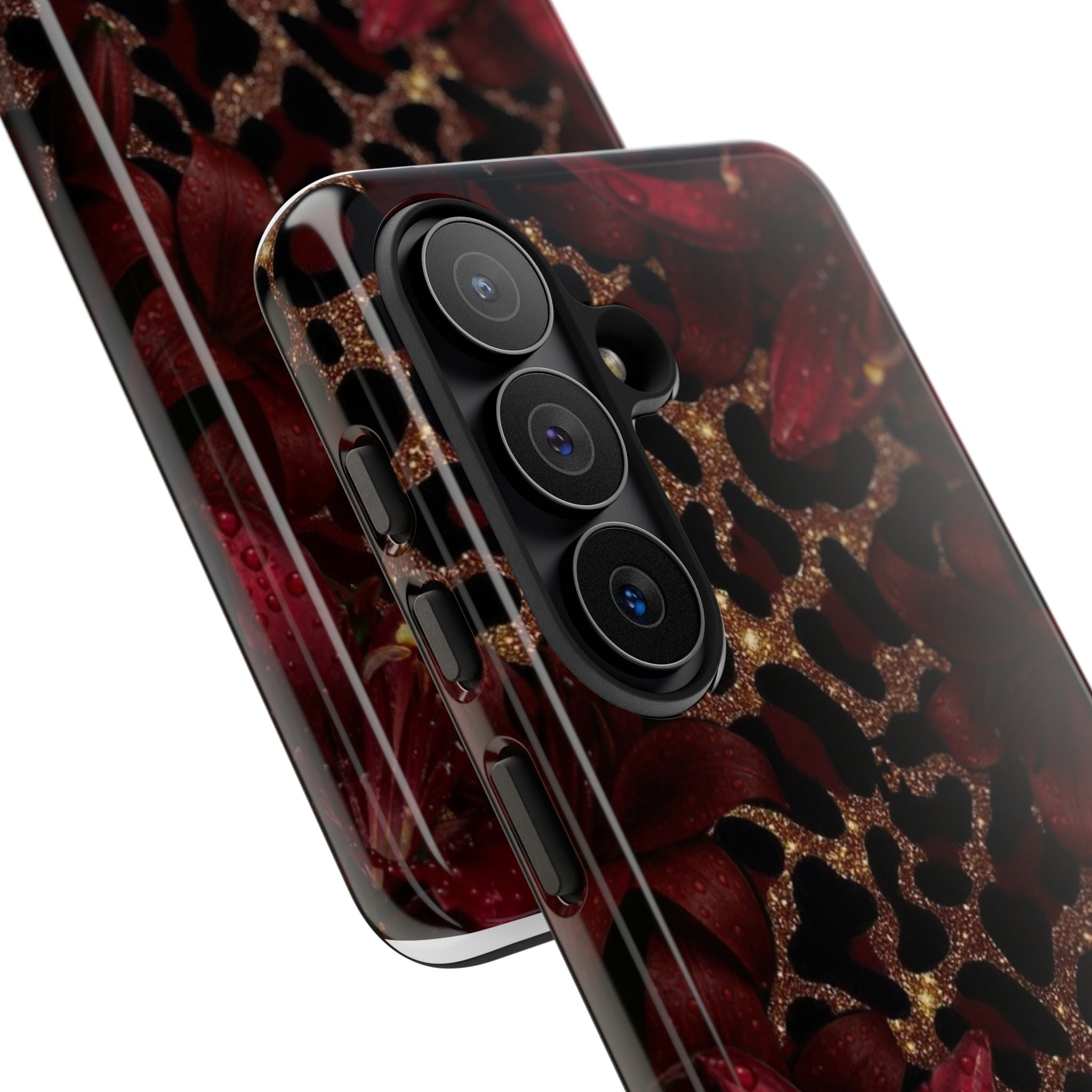 Protective Phone Case — Burgundy Floral & Gold Leopard Print Tough Case