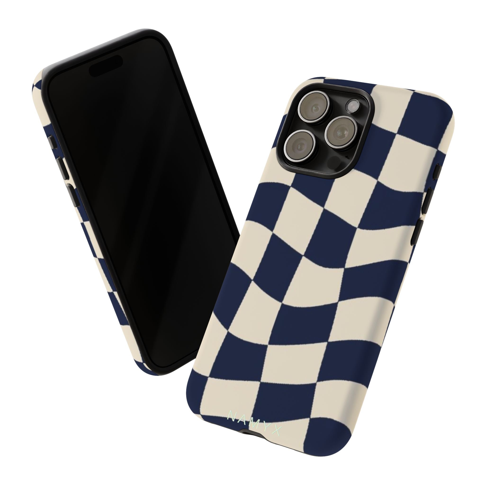 Wavy Checkered Phone Case – Retro Navy Racing Pattern Tough Case