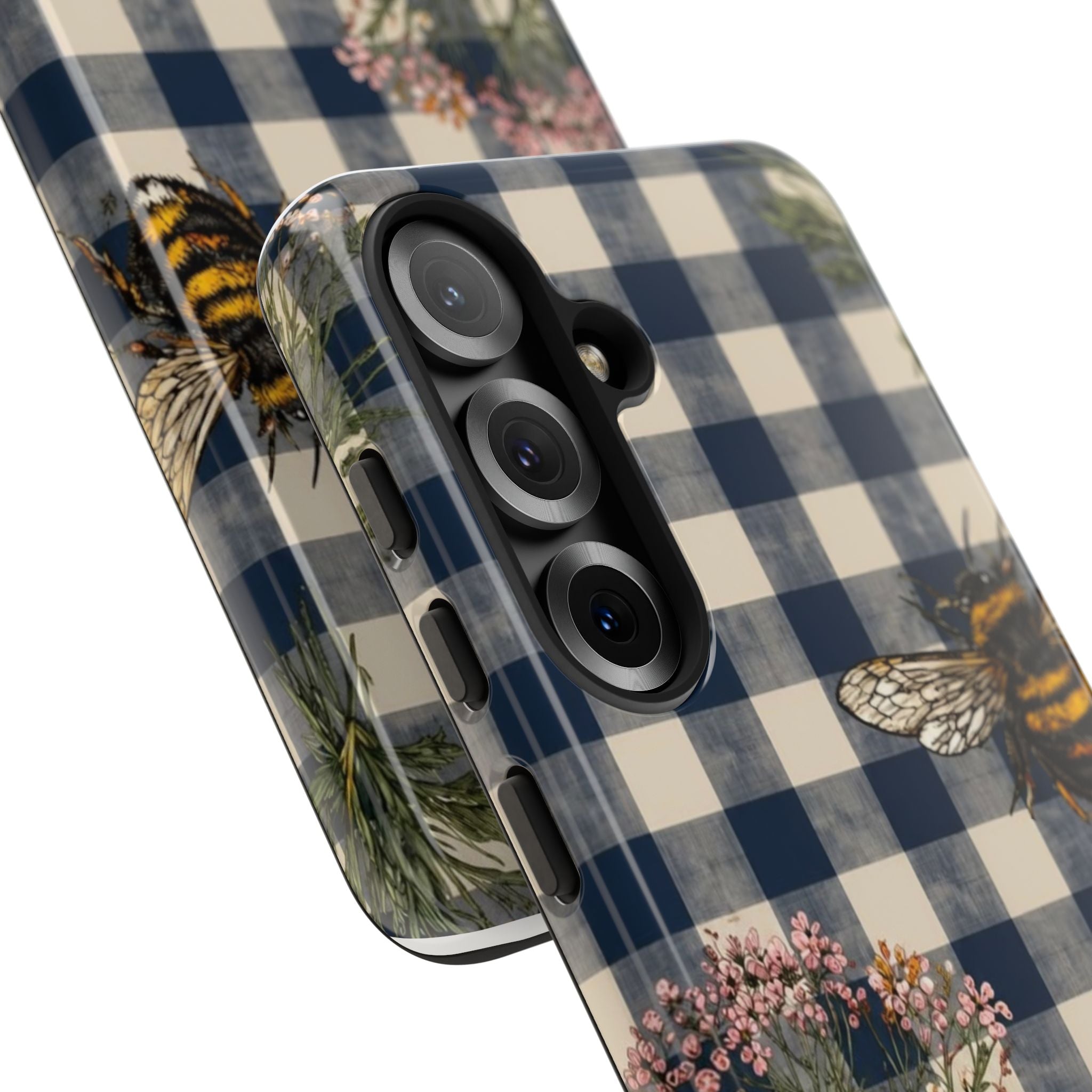 Bee & Wildflower Plaid Phone Case — Navy Buffalo Check Floral iPhone Cover