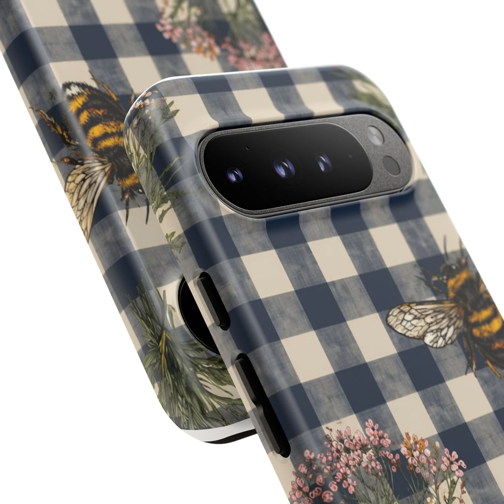 Bee & Wildflower Plaid Phone Case — Navy Buffalo Check Floral iPhone Cover