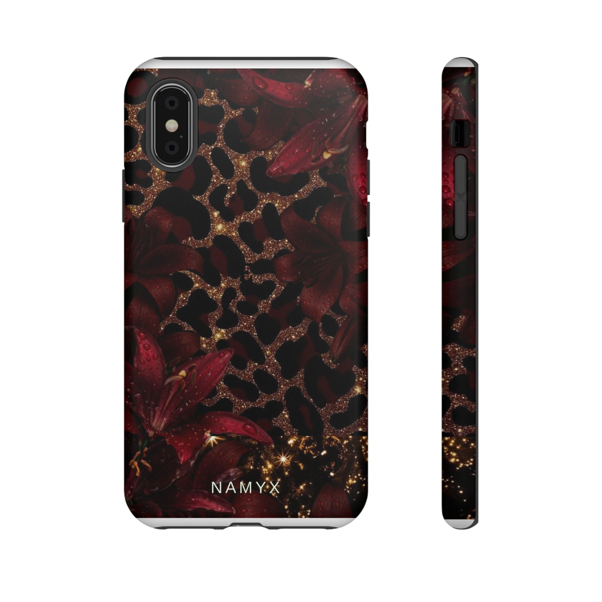 Protective Phone Case — Burgundy Floral & Gold Leopard Print Tough Case