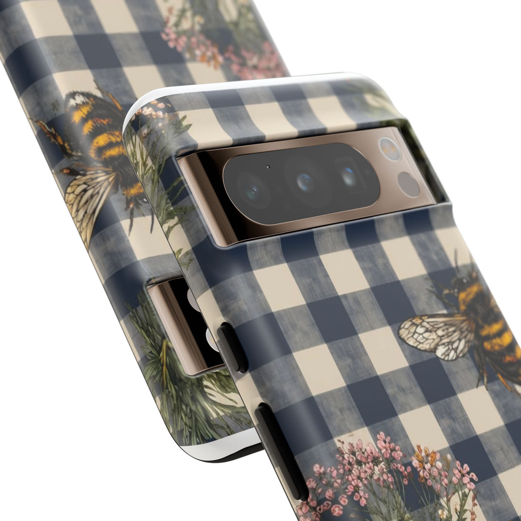 Bee & Wildflower Plaid Phone Case — Navy Buffalo Check Floral iPhone Cover