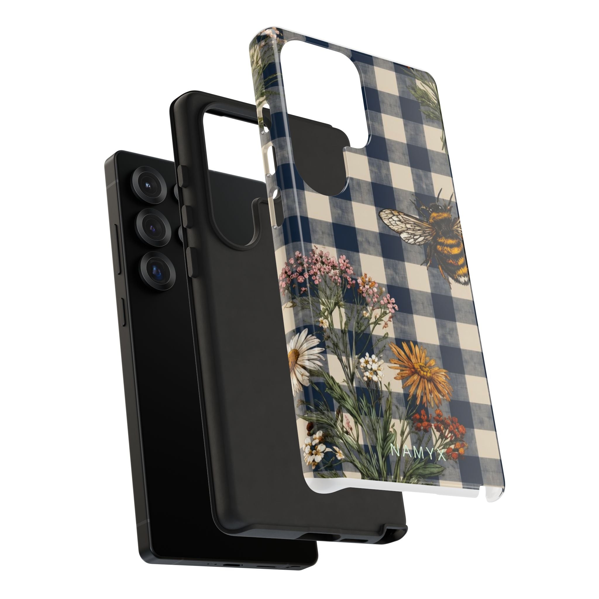 Bee & Wildflower Plaid Phone Case — Navy Buffalo Check Floral iPhone Cover
