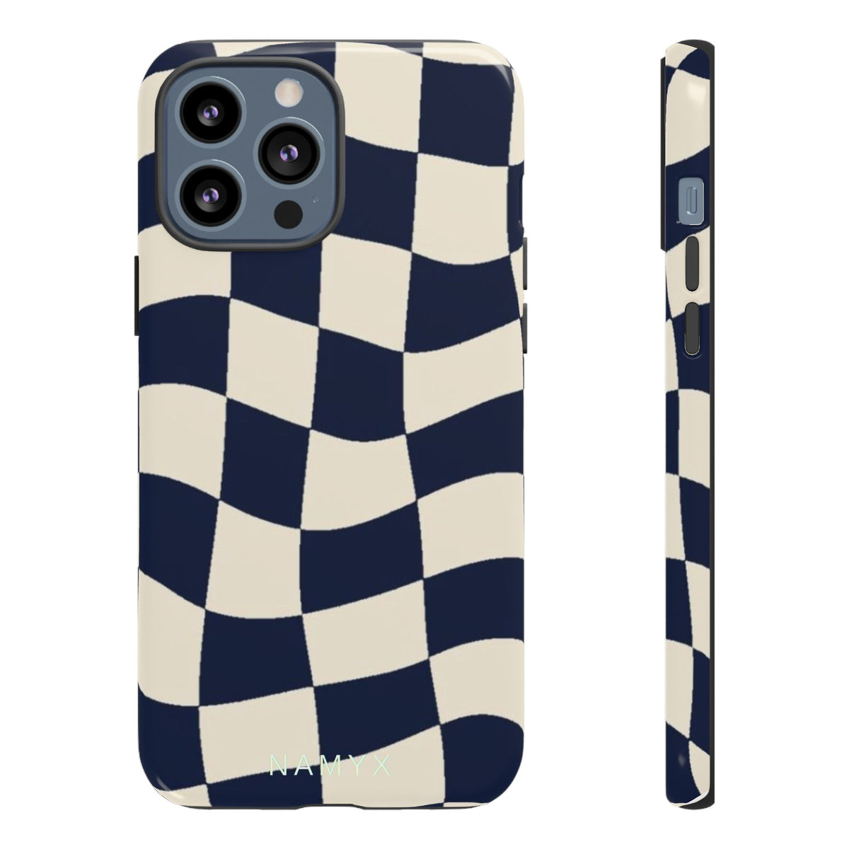 Wavy Checkered Phone Case – Retro Navy Racing Pattern Tough Case